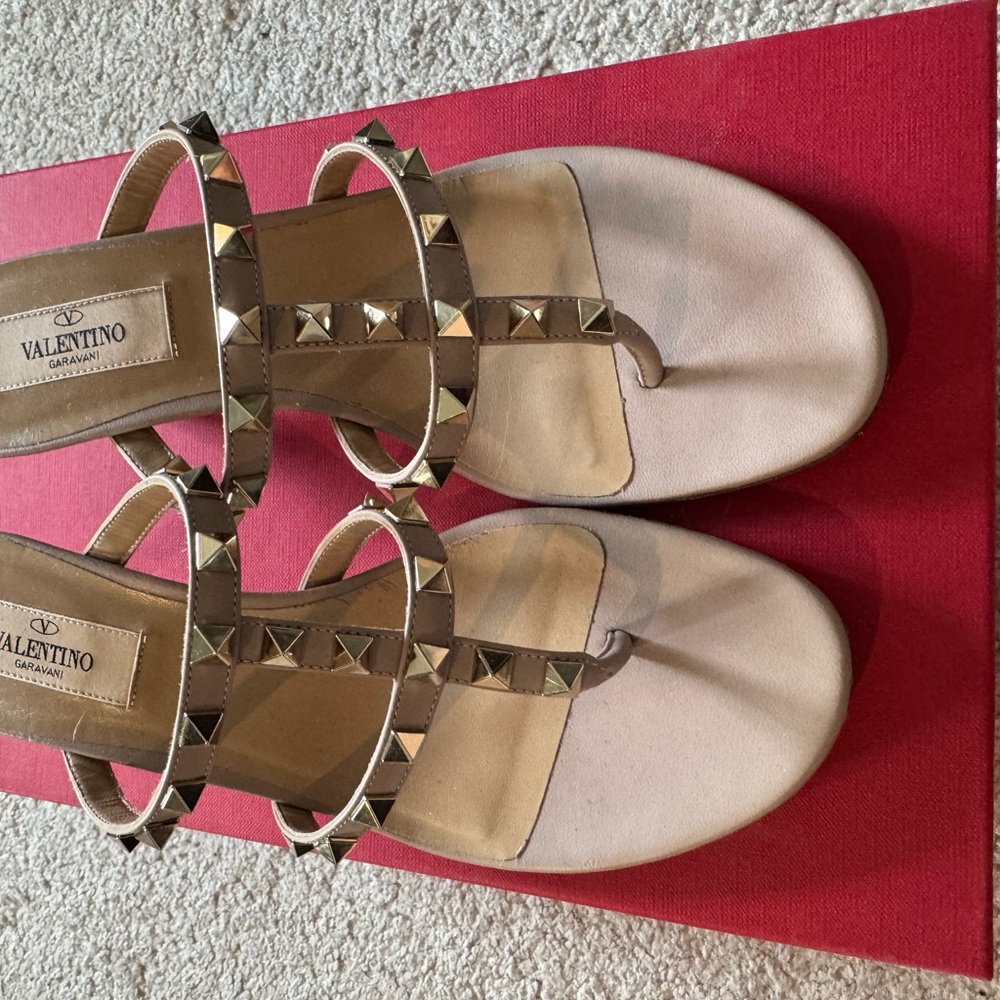 Valentino Cream Studded T-Strap Sandals